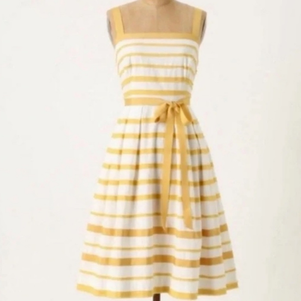 Anthropologie Mouilinette Soeurs Sun Shades Dress - Mustard Yellow and White - 0